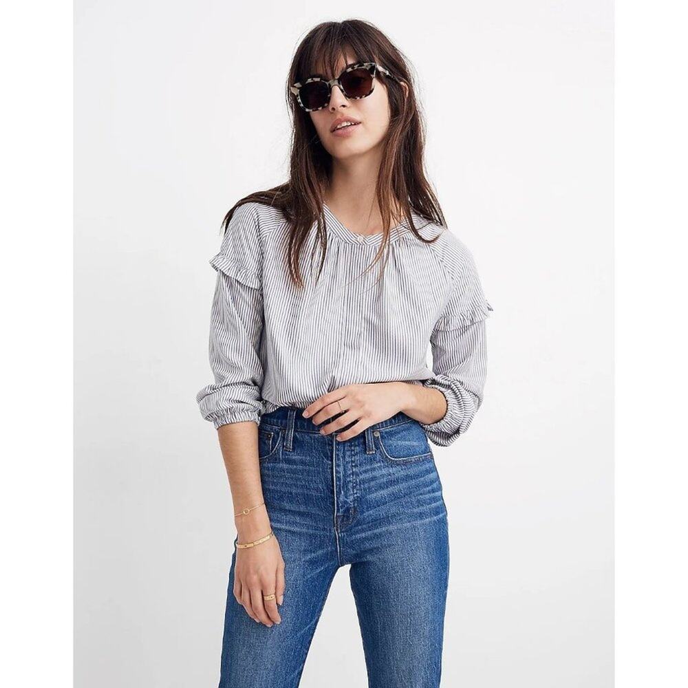 Madewell Collarless Ruffle-Sleeve Shirt in Stripe Blue/White XXL